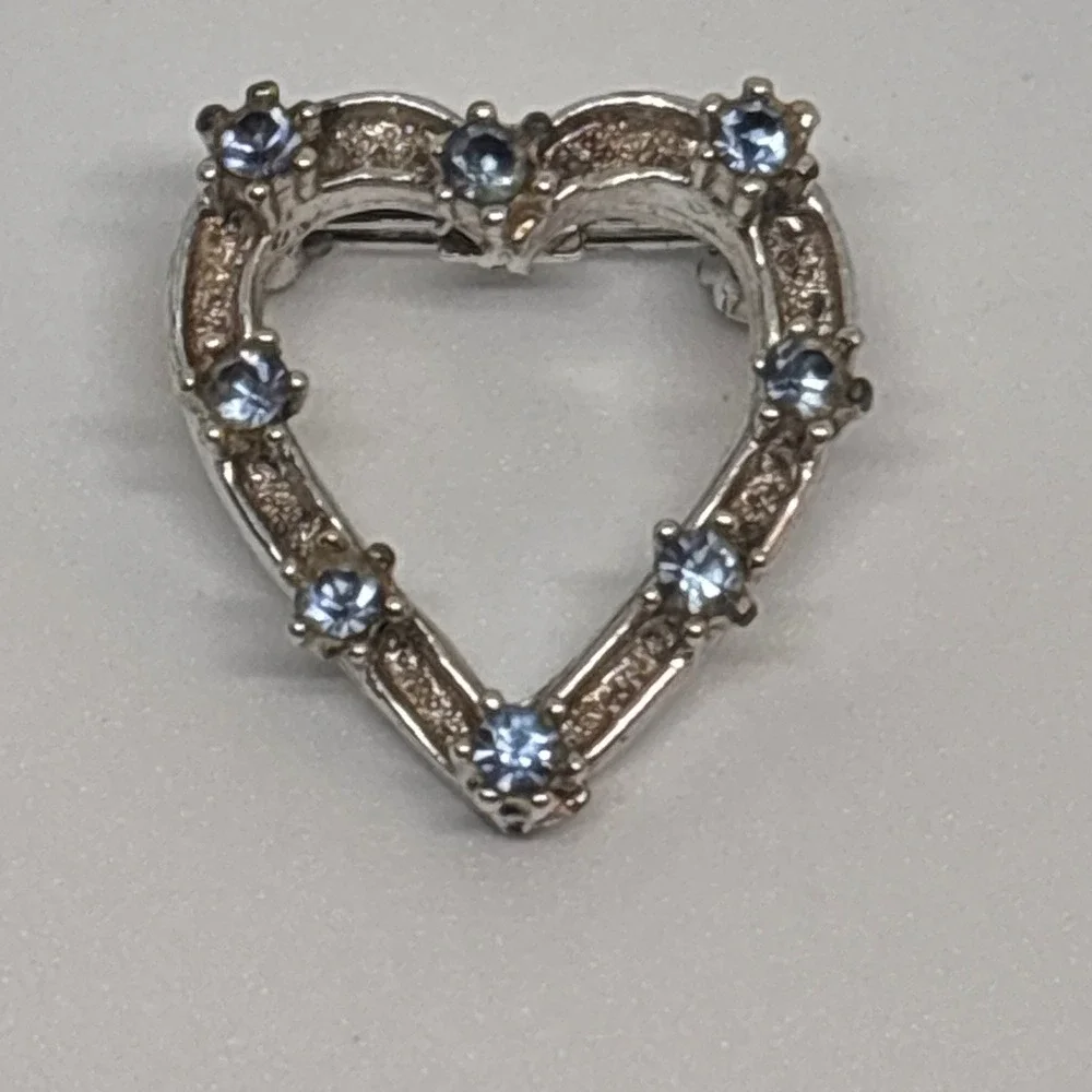 Vintage Heart Brooch Silver Tone Blue Rhinestone Open Heart Pin Jewelry